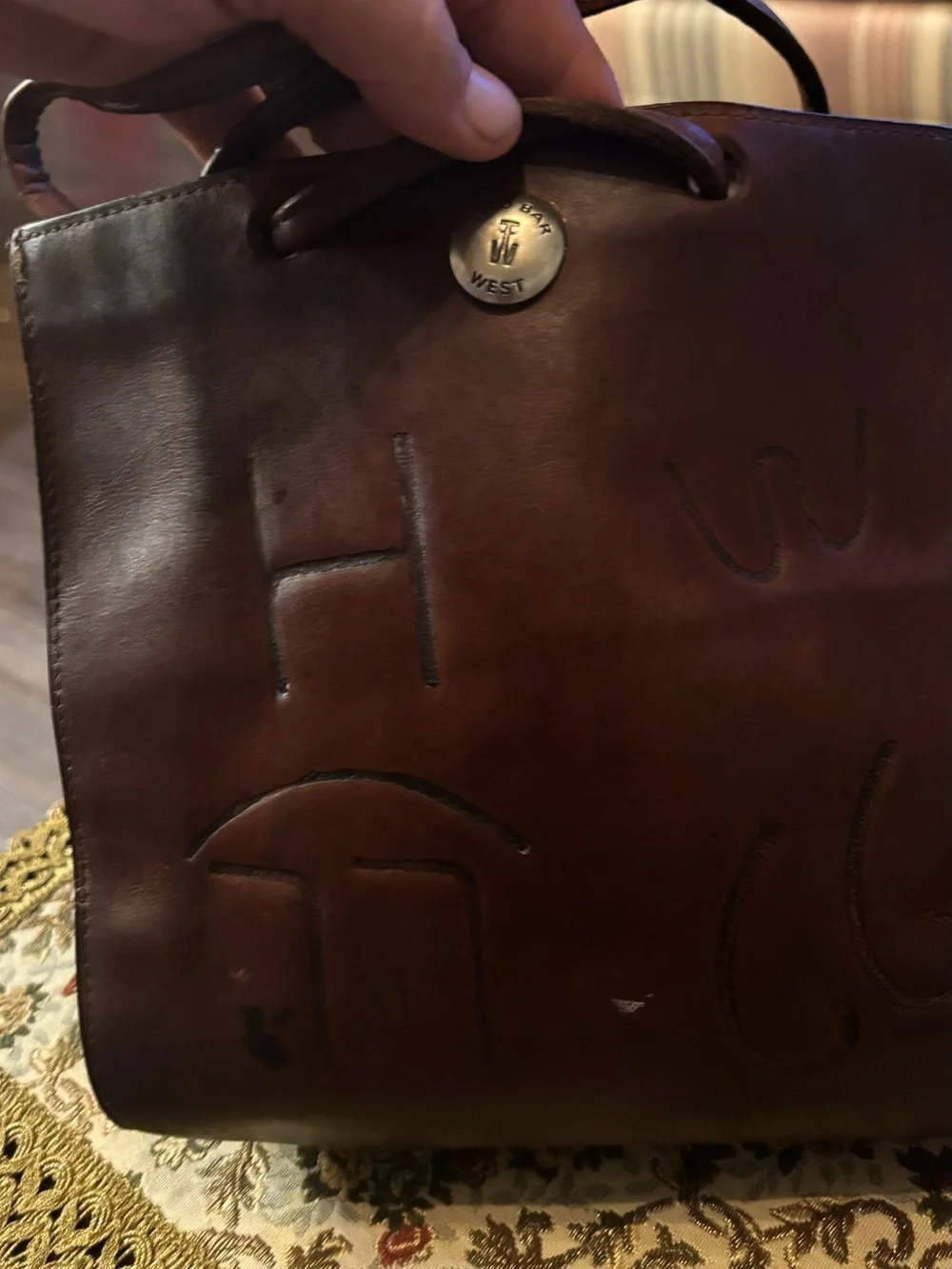 Two Bar West Small Brown Leather Western Tote Purse Embossed Brand Handbag